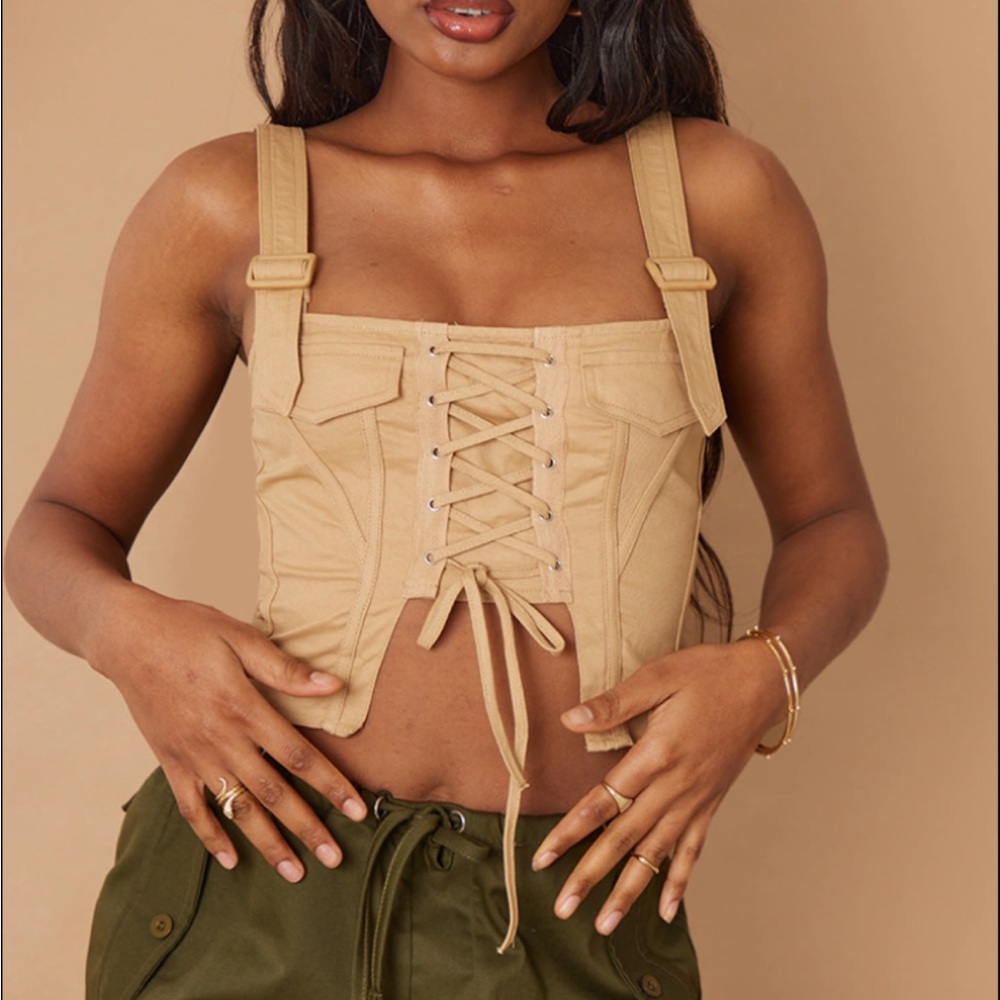 PrettyLittleThing Beige Lace-Up Crop Corset Top